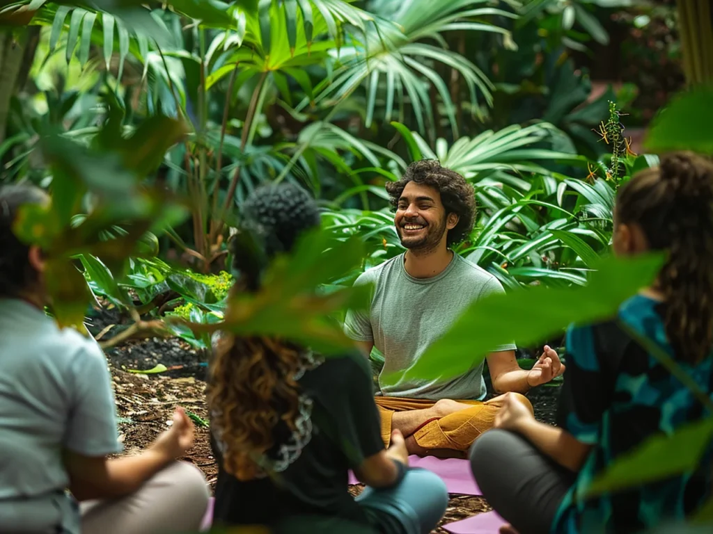 People sitting in a circle in the middle of nature, the people are smiling because they are having a good moment of healing and joy.